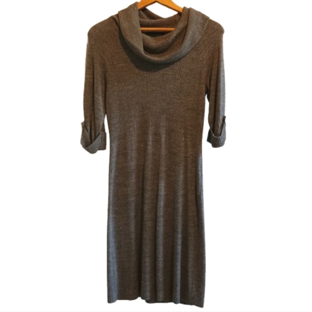 Susan Lawrence Sweater Dress Small Gray Heather Cowl Neck Roll‎ Tab Sleeves NWT